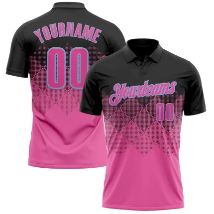 Custom Black Pink-Light Blue 3D Pattern Design Gradient Square Shape Performance Polo Shirt